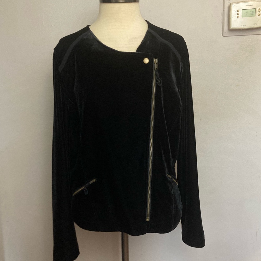 8-27 Soft Surroundings Moto Jacket Large Black Velvet Full Zip Long Sleeve